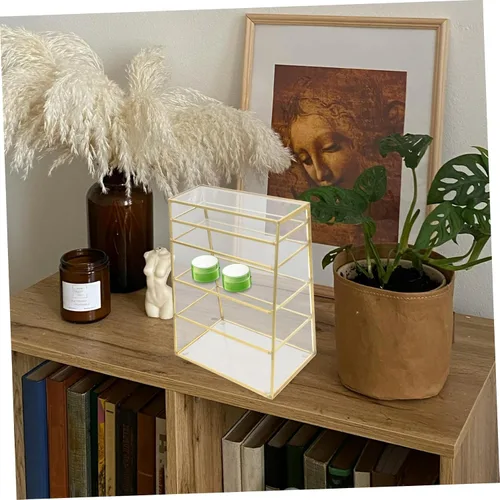 Vista 2 de Organizador de maquillaje de 5 capas, caja de almacenamiento de escritorio para lápiz labial, sombra de ojos, cosméticos, estética, cobre y vidrio