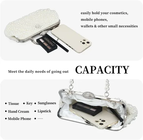 Vista 4 de Fecialy Bolsos de mano con perlas para mujer, bolsos de noche con cuentas de cristal y cadena de perlas