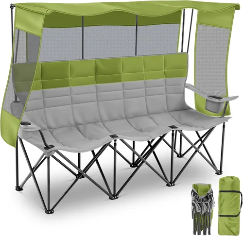 Vista 8 de Teenyyou Silla de camping para 3 personas con toldo – Silla de playa de gran tamaño con protección solar UV, sofá biplaza plegable resistente de 700