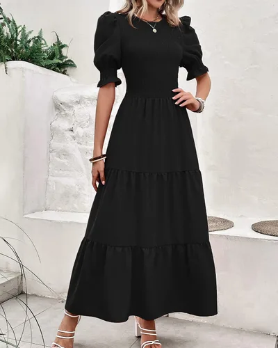 Vista 40 de BTFBM Vestidos para mujer, cuello redondo, casual, de verano, con volantes, manga corta, bohemio, con niveles, fruncido, largo, con estampado floral