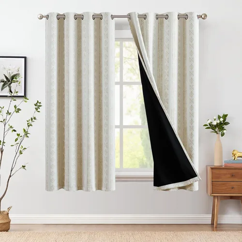 Vista 31 de jinchan - Cortinas bohemias 100% blackout de 54 pulgadas de largo para dormitorio, estampado geométrico negro sobre beige, con ojales