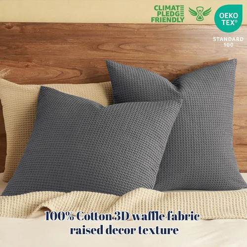 Vista 2 de PHF Funda de almohada 100% algodón con tejido de gofre, 24 x 24 pulgadas, sin relleno, paquete de 2 elegantes fundas de almohada cuadradas Gris