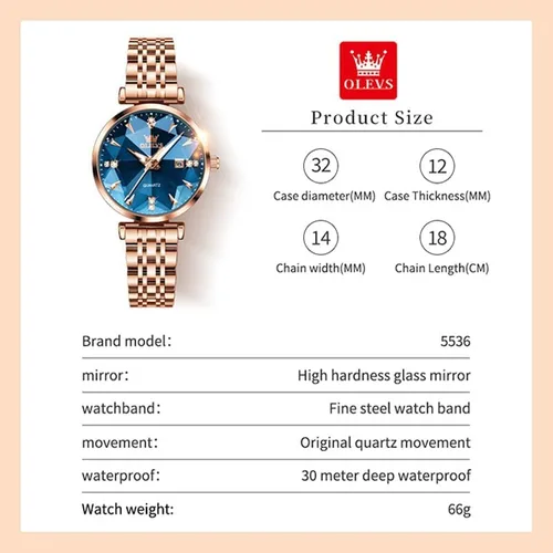 Vista 5 de OLEVS Relojes de mujer Vestido simple Reloj de mujer Reloj de acero inoxidable de oro rosa Reloj impermeable de cuarzo con fecha de lujo
