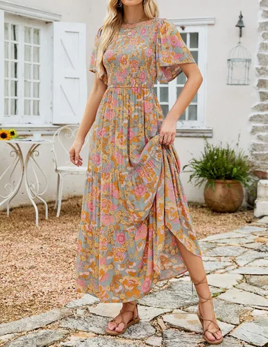 Vista 2 de ZESICA Vestido largo casual de verano para mujer, con estampado floral, manga corta con vuelo, cuello redondo, cintura alta fruncida