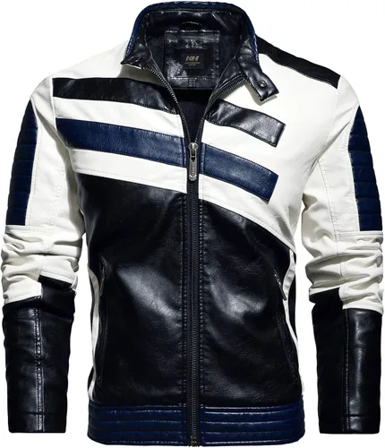 Vista 2 de Traje de carreras de motocicleta de cuero de motocicleta de cuello alto para hombre, chaqueta de cuero de simulación de PU de bloqueo