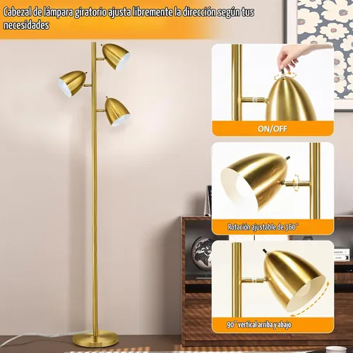 Vista 5 de Lámpara de pie de árbol con 3 bombillas, lámparas de pie altas con cabezales metálicos ajustables de 65" Lámparas de pie de lectura con base E26