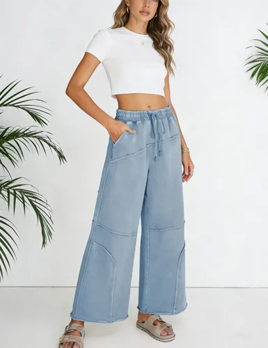 Vista 6 de Athlisan Pantalones deportivos casuales de pierna ancha para mujer, cintura alta, lavado ácido, pantalones palazzo con bolsillos