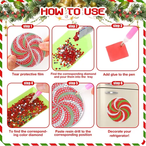 Vista 4 de Umigy 16 piezas de imanes de arte de diamante navideño para refrigerador, verde lima y rojo, imanes de pintura de diamantes de Navidad, hombre