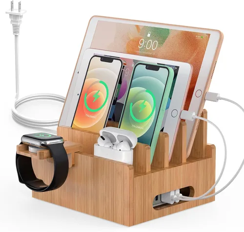 Vista 10 de Pezin & Hulin Estación de carga de bambú para múltiples dispositivos con cargador USB de 5 puertos, 5 cables, soporte para reloj inteligente