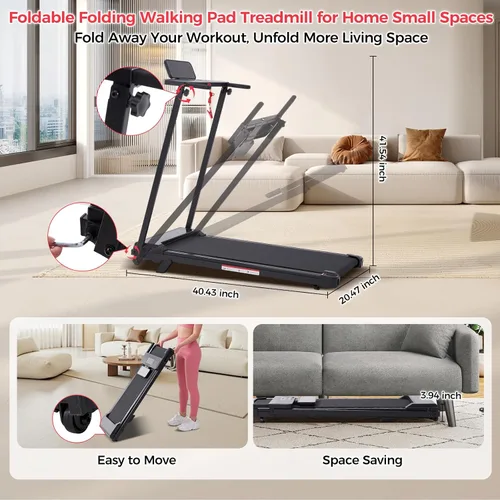 Vista 8 de KASSADIN Portable Treadmills for Home Small, Walking Pad with Handle Bar, 3.5HP Electric Mini Treadmills for Home Exercising, Walking Pad Treadmill