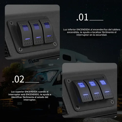 Vista 3 de DaierTek Panel de Interruptor Marino Impermeable 12V Panel de Interruptor Basculante de 3 Bandas Luz LED Azul Interruptor de Palanca Panel