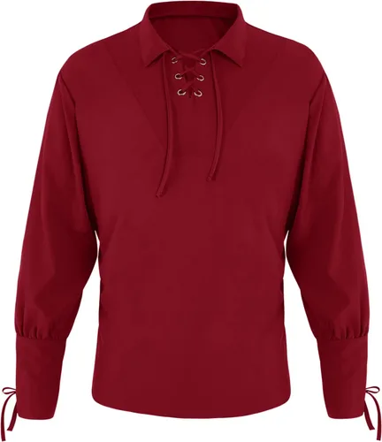 Vista 2 de Camisas medievales de pirata renacentista para hombre, con cordones, disfraz vikingo, mercenario, escocés, camisetas de jacobita ghillie, rojo