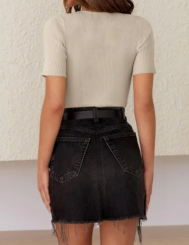 Vista 4 de ZESICA Camiseta de manga corta con cuello redondo y punto acanalado para mujer, ajustada, camiseta básica de verano 2023 de color sólido