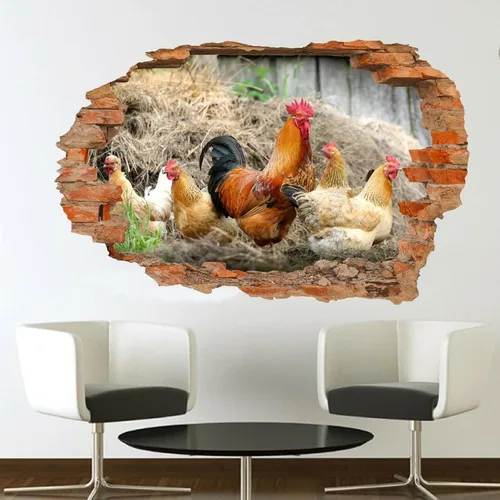 Vista 3 de Decoración de pared 3D de pollo, decoración de vinilo de granja con tatuajes de granja removibles, decoraciones de animales para el hogar