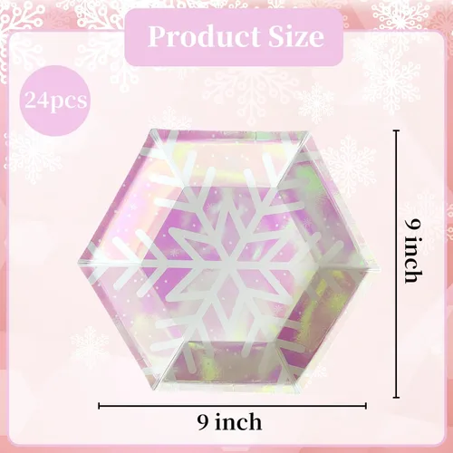 Vista 2 de Platos de Navidad con copos de nieve, platos desechables de papel rosa iridiscente con purpurina hexagonal temática de nieve, suministros de fiesta