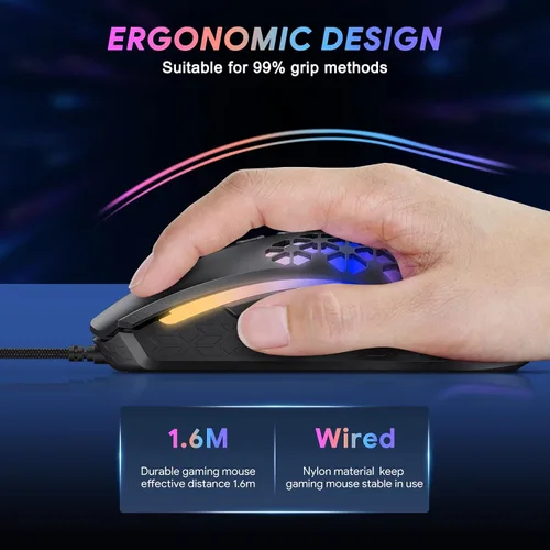 Vista 5 de TECURS Mouse para juegos con cable mouse con cable de 12000 DPI mouse óptico USB para juegos de PC con 8 botones programables mouse RGB ultraligero