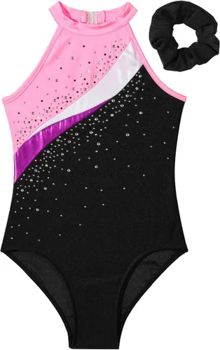 Vista 3 de ranrann Trajes de ballet brillantes para niñas y niñas, leotardo de gimnasia sin mangas con pantalones cortos y banda para el cabello