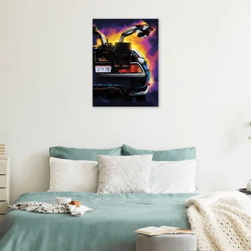 Vista 2 de Fine Art Canvas Lienzo BTTF Delorean de la artista Nikita Abkumov para sala de estar, dormitorio, baño, cocina, oficina, bar, comedor y habitación