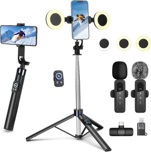 Vista 8 de Kit de vlogging de 70 pulgadas, trípode de metal para selfie stick para trípode con micrófono rosa