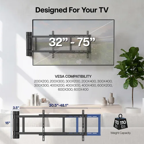 Vista 4 de VIVO Soporte de pared eléctrico de acero de perfil bajo para pantallas de plasma LCD LED de 32 a 75 pulgadas, soporte motorizado para TV con giro