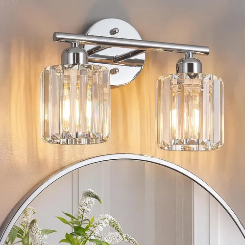 Vista 8 de Moderna lámpara de tocador de cristal de 2 luces, lámpara vertical de baño de níquel cepillado sobre espejo para tocador y lavabo, compatible