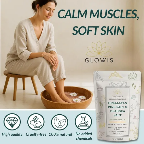 Vista 5 de Glowis - Aceite de árbol de té para pies con sal del Himalaya y del Mar Muerto, remojo de pies de sal de pedicura para decoloración de uñas, callos
