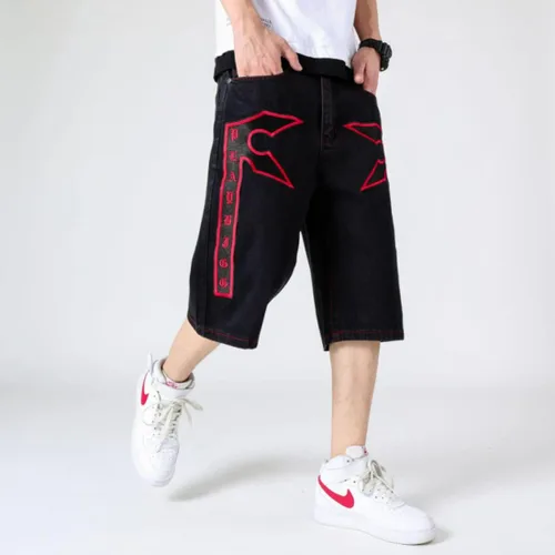 Vista 6 de HZCX FASHION Pantalones cortos de mezclilla largos bordados de talla grande para hombre, debajo de la rodilla, pantalones capri