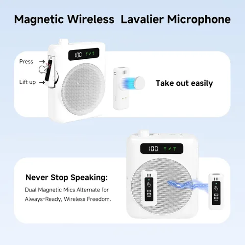 Vista 6 de KozyOne Amplificador de voz micrófono inalámbrico, amplificador de voz portátil Bluetooth con dos micrófonos magnéticos Lavalier, para profesores