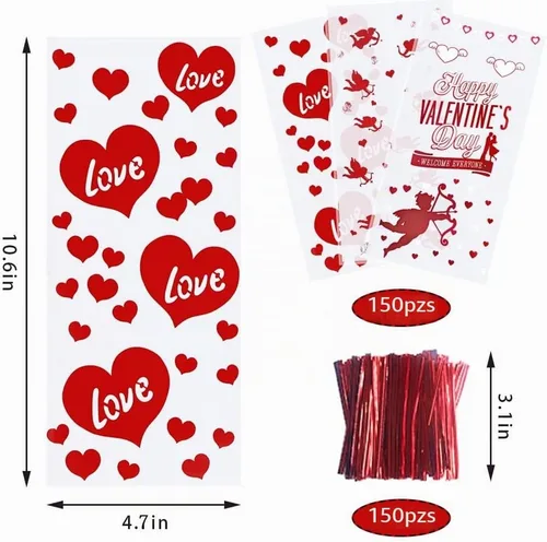 Vista 2 de 150 bolsas de celofán para el día de San Valentín, bolsas de regalo de celofán con corazón de cupido rojo, bolsas de regalo de celofán transparentes