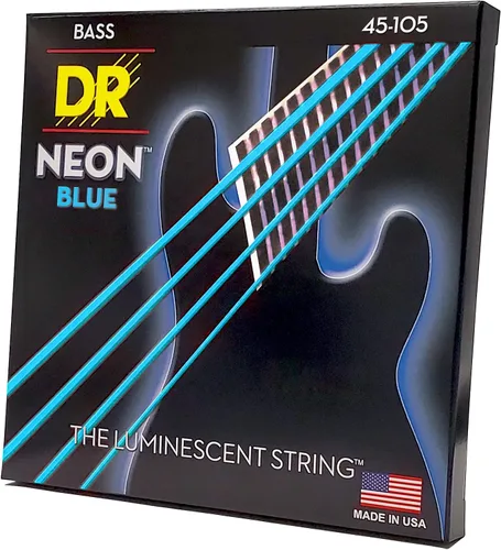 Vista 2 de DR Strings NBB5-45 Cuerdas de bajo de 5 cuerdas de color azul neón de alta definición, medianas, 45-125