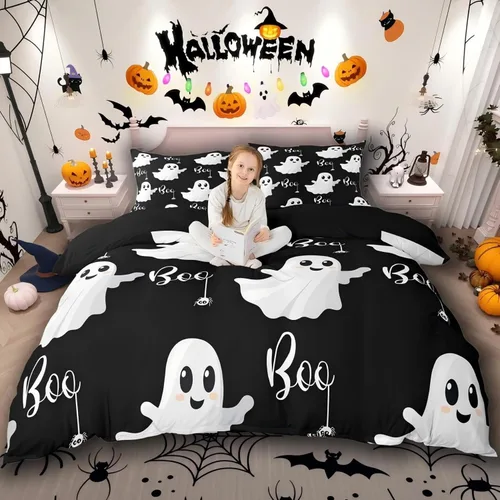 Vista 12 de Juego de ropa de cama de Halloween, funda de edredón gótica de murciélagos negros con telarañas, funda de edredón individual, diseño de arañas