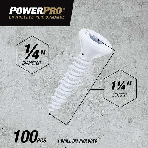 Vista 3 de Power Pro Anclajes de tornillo de hormigón de cabeza plana blancos (1/4" x 1-1/4") - 100 piezas