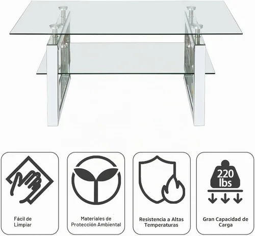 Vista 6 de Mesa de centro de cristal de 39 pulgadas, moderna mesa de centro de vidrio templado de 2 capas, mesas rectangulares para sala de estar, muebles