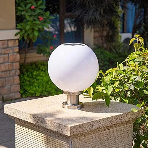 Vista 4 de Linterna de poste para exteriores, impermeable, globo LED, lámparas solares para poste Simplicity, pilar acrílico blanco plateado y blanco, luz