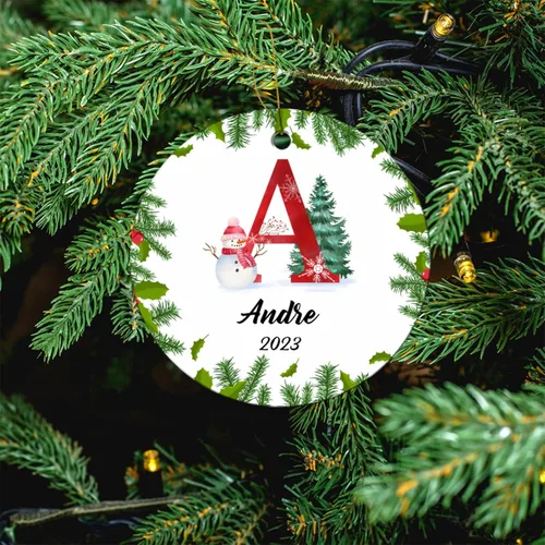 Vista 6 de Adorno personalizado con inicial de Navidad, regalo de decoración de árbol de Navidad, monograma de 26 letras para la primera Navidad, adorno