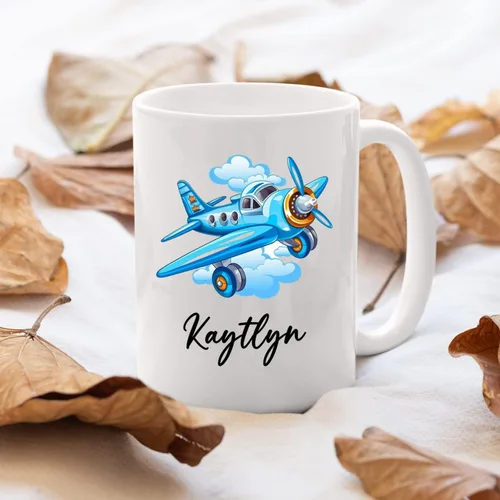 Vista 4 de Taza de café de avión personalizada con nombre de los niños, taza de café de avión personalizada de 11 onzas y 15 onzas, taza de cerámica blanca