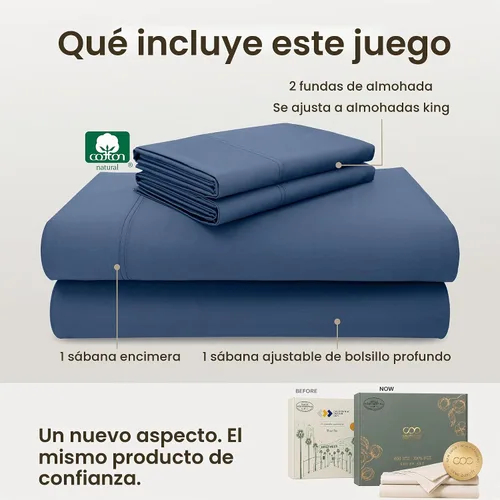 Vista 3 de California Design Den Juego de sábanas tamaño King, 100% algodón, sábanas lujosas de 600 hilos con bolsillo profundo, ropa de cama duradera con 16