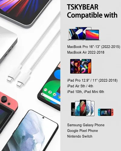 Vista 5 de TSKYBEAR Cable USB C a USB C – Cable de carga rápida de 100 W tipo C a C de repuesto para iPhone 15 Pro Max/Plus Samsung iPad Pro/Air/mini MacBook