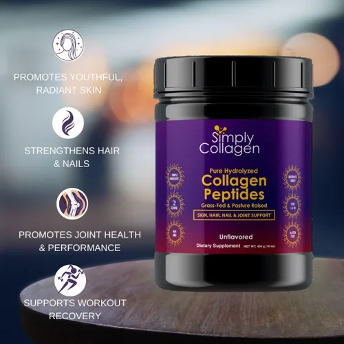Vista 2 de Simply Collagen® Péptidos de colágeno hidrolizados en polvo alimentados con pasto, sin sabor, tipo I y III para apoyar el cabello, la piel