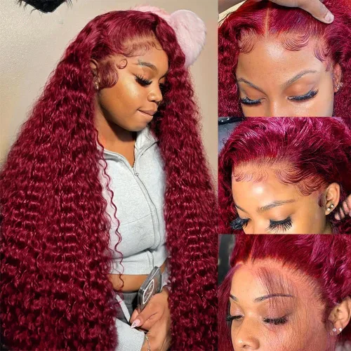 Vista 9 de Pelucas de cabello humano con encaje frontal de 13 x 6 pulgadas, color borgoña 99j