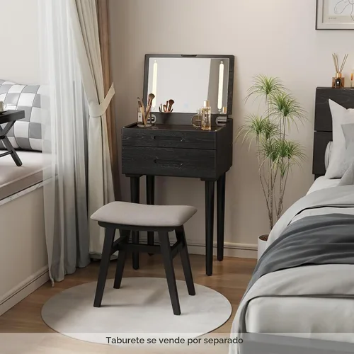 Vista 9 de Muwuele Escritorio pequeño de madera maciza con espejo y luces, tocador de maquillaje estrecho para espacios pequeños, mesa auxiliar de tocador