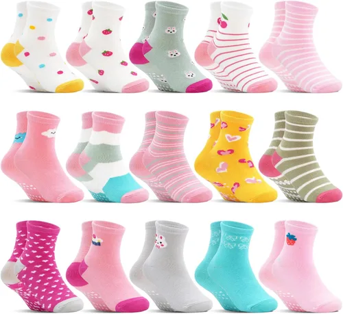 Vista 7 de Calcetines antideslizantes para niños pequeños, 15 pares, calcetines de agarre para niñas y niños de 0 a 7 años, calcetines suaves de dibujos