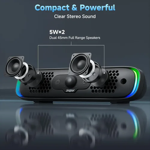Vista 12 de SOULION R200 Altavoces Bluetooth para Computadora, Altavoces Compactos para PC, Altavoz de Escritorio USB C/USB Plug & Play con Luces LED Coloridas