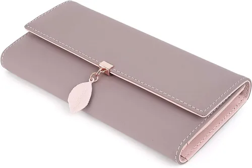 Vista 161 de UTO - Cartera pequeña RFID de piel sintética con dije de hoja, cierre de cremallera y tarjetero.