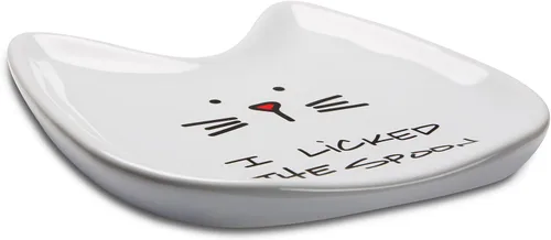 Vista 4 de Pavilion Gift Company Blobby Cat plato apoya cucharas "I Licked the Spoon" de 5 pulgadas, color blanco
