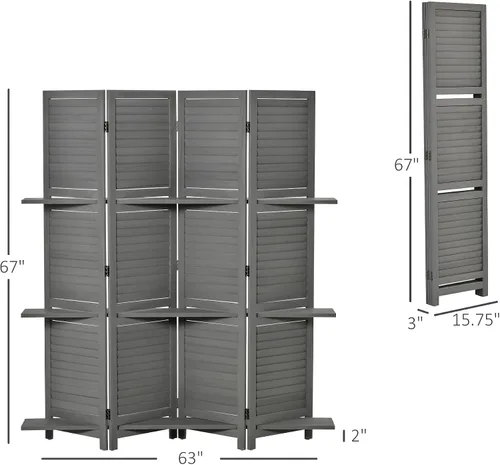 Vista 5 de Divisor de habitación plegable de 4 paneles, panel de privacidad de madera de Paulownia independiente de 5.6 pies con estantes de almacenamiento