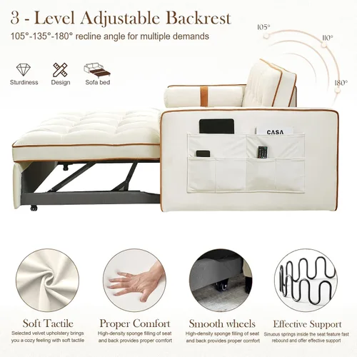 Vista 5 de Sofá cama extraíble, sofá cama de 55.5 pulgadas, con bolsillo lateral, respaldo ajustable y almohada de cintura, adecuado para espacios pequeños