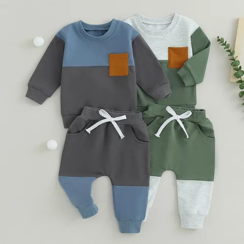 Vista 8 de Conjunto de 2 piezas para bebés, niños y niñas, sudadera con bloques de color y pantalones deportivos, ropa de otoño e invierno