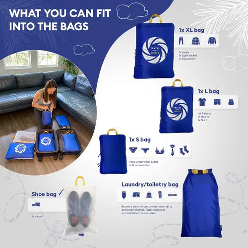 Vista 4 de TRAVEL INSIDE, Juego de 6 bolsas de cubo con malla transparente, organizadores de viaje ligeros para maleta, azul con zapatos y bolsa de lavandería