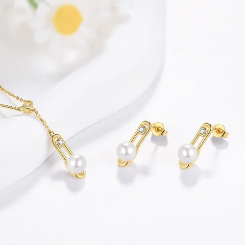 Vista 2 de Fasjewly Delicados juegos de joyas de perlas, chapado en oro de 14 quilates, juego de collar y aretes de una sola perla, colgante en Y y aretes